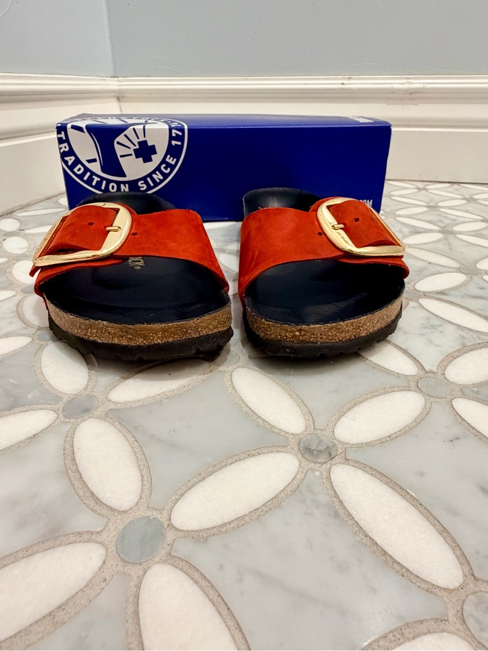 Birkenstock Madrid Big Buckle Sandals Crimson Red Oiled Leather Gold Narrow 38 - Picture 9 of 15